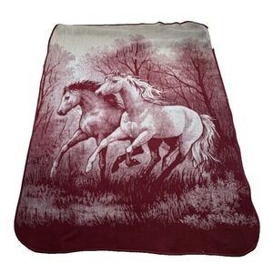 Vintage San Marcos Wild Horses Blanket Reversible Two Tone Burgundy Ivory 84x69